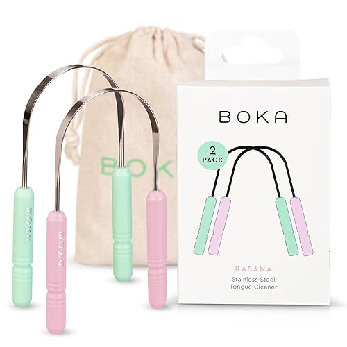Miniatura 7 de Boka Rasana Limpiador y raspador de lengua de acero inoxidable con bolsa de viaje de lino elimina la acumulación de lengua y refresca el aliento