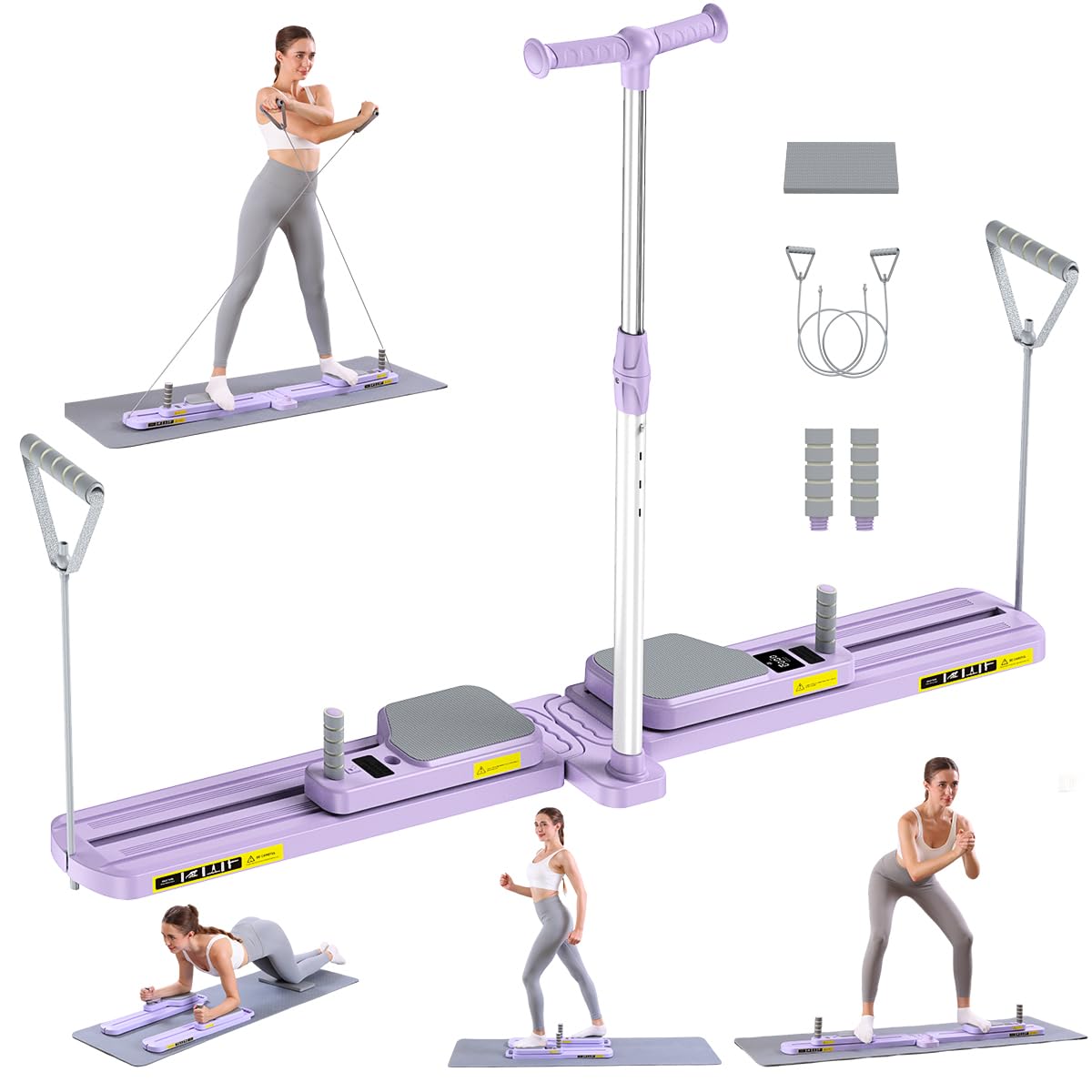 Pilates Board, Pilates Reformer Multifunctional Home Workout Equipment with Resistance Bands & LED Timer, Anti-Slip Design Machine, Core & Full Body Training Pilates Kit for Women and Beginners