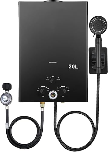 Calentador de agua de propano sin tanque, 5.26 GPM 20L, calentador de agua caliente instantáneo de gas portátil para exteriores, con pantalla Negro