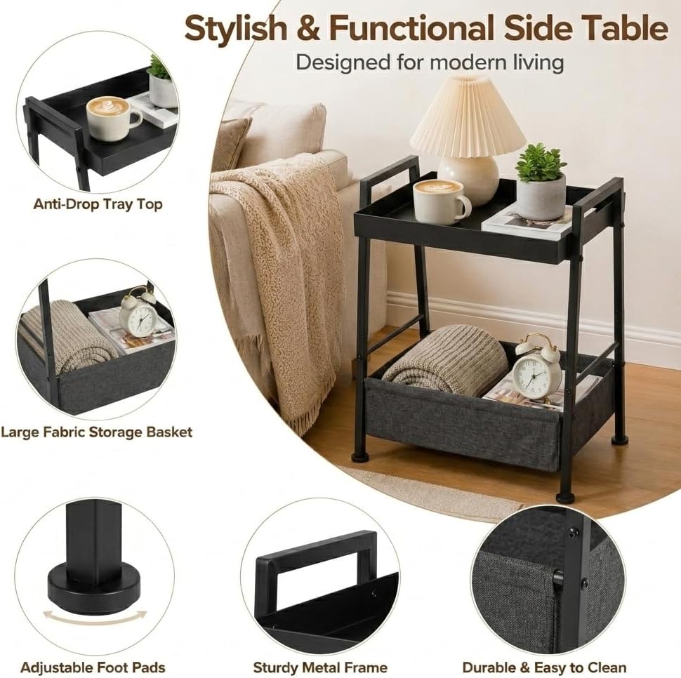 Small End Table with Fabric Storage Basket, 2-Tier Metal Side Table with Tray Top, Compact Nightstand Bedside Table for Living Room, Bedroom,Small Spaces and Balcony, Black