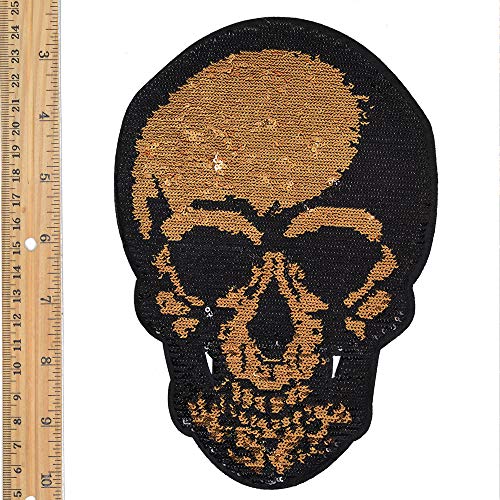 Joyce Trim 2-Pc 7-3/4" Skull Sequin Halloween Iron-On Applique Patch, Tr-11874 (Gold/Black) #TOP6