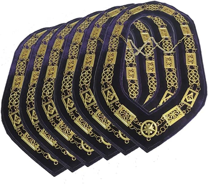 RIAZ IMPEX Masonic Grand lodge chain collar golden plated with purple backing pack of 6