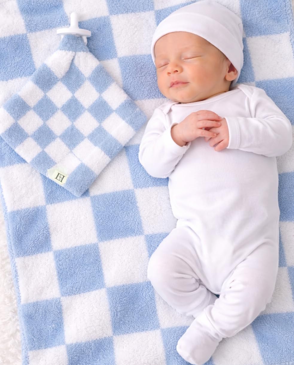 L+L USA Checkered Baby Blanket 28"x40" - DreamSoft Knit Throw for Crib, Stroller or Car Seat - Soft Blanket/Newborn Nursery Gift Essential for Toddler, Infant, Kids, Boys & Girls (Steel Blue/White)