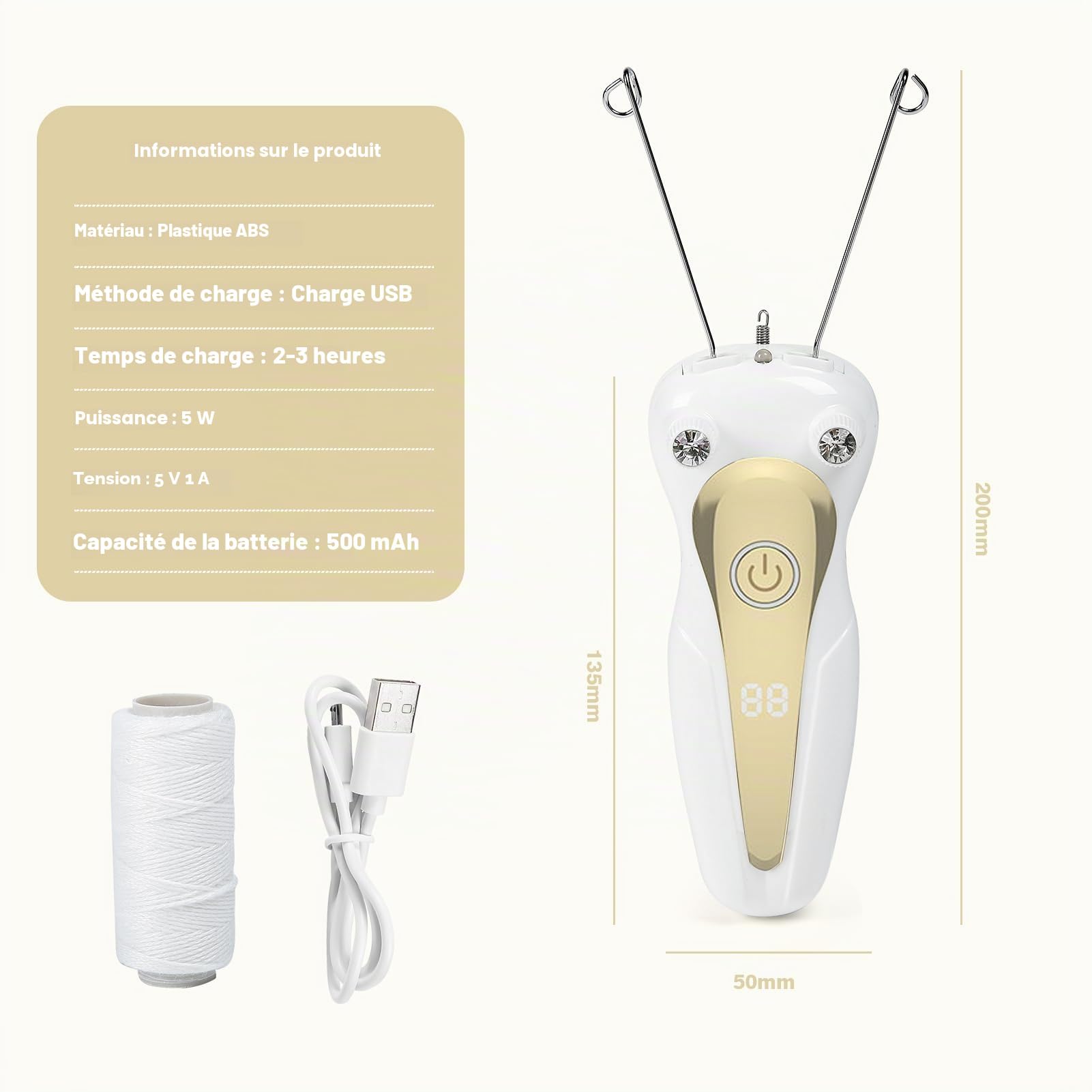Épilateur électrique pour femme Épilateur à fil de coton pour le visage Épilateur électrique à fil de coton Épilateur facial pour les bras et les jambes Doré.