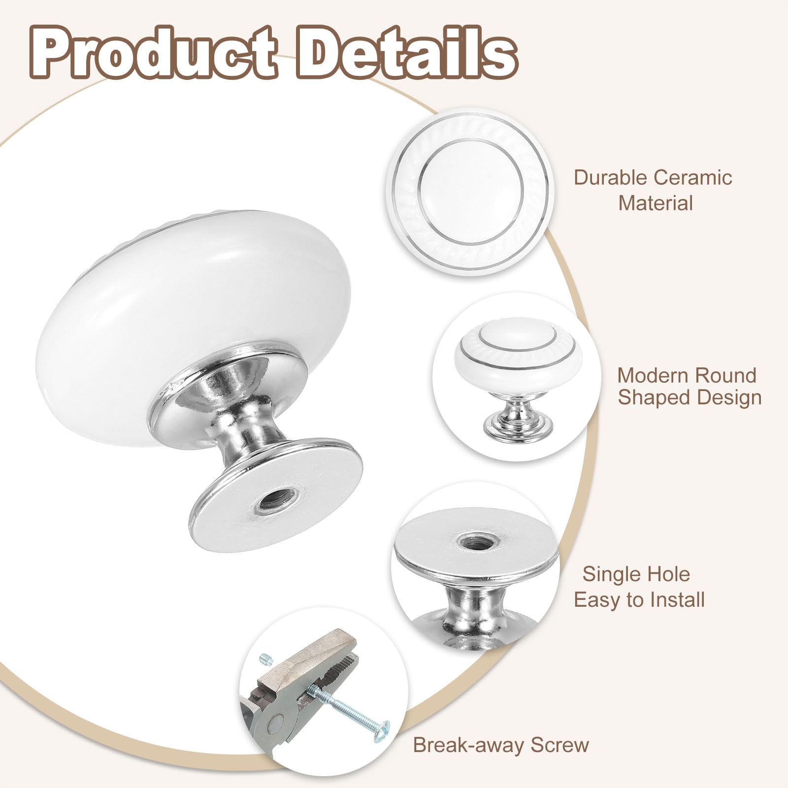uxcell 10 pomelli in ceramica, 35 mm, rotondi, per cassetti, stile vintage, con viti, per mobili da bagno, camera da letto, armadio, cerchio argento/bianco
