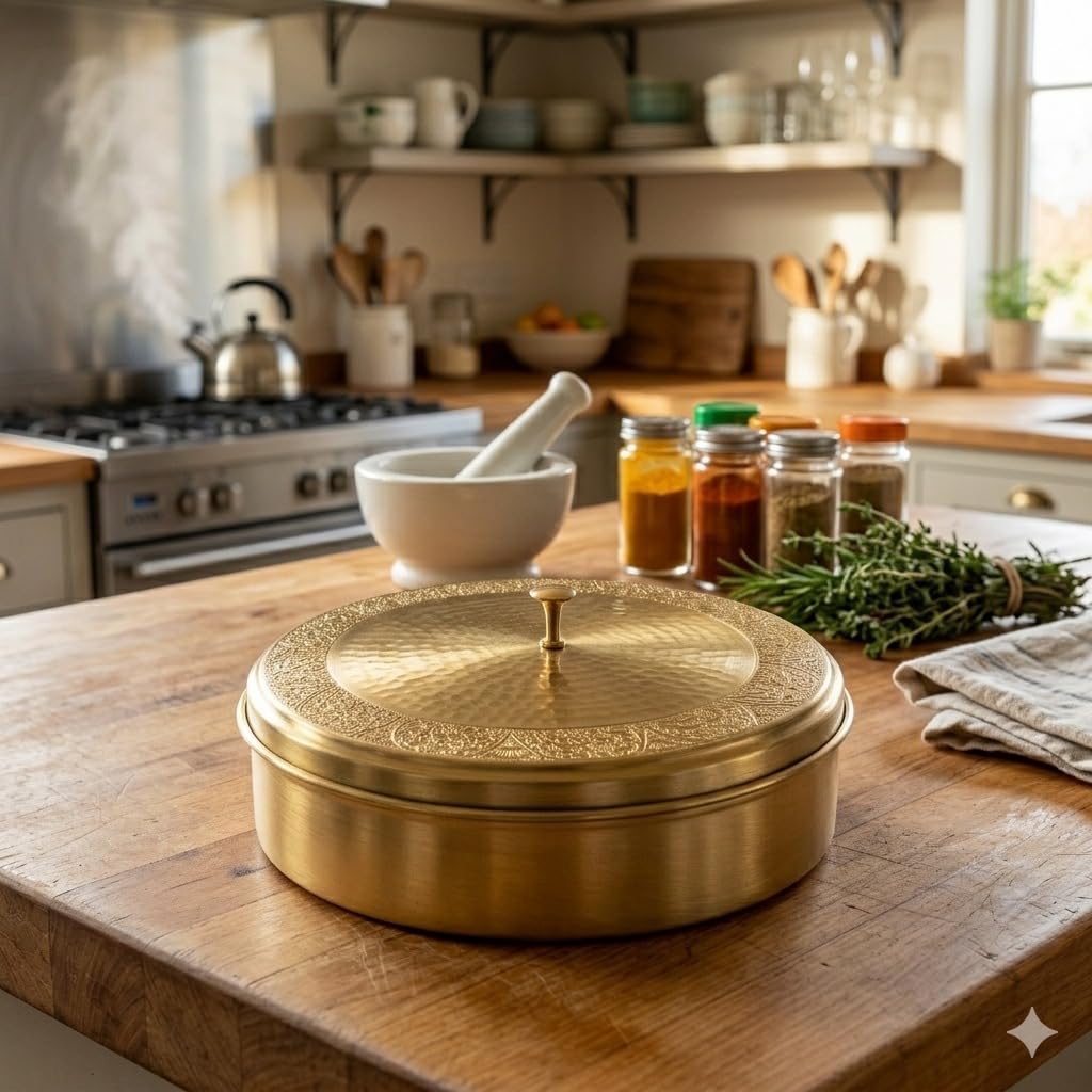 Brass Spice Box Set - Handcrafted Masala Container -6 Brass Spice Box Set - Handcrafted Masala Container -6