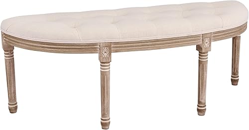 VONLUCE Half Moon - Banco francés vintage con asiento acolchado y patas de madera de caucho, banco de entrada tapizado de espuma viscoelástica de 49