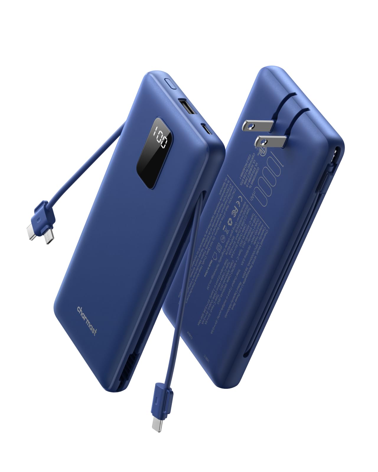 charmast Portable Charger Power Bank 10000mAh with Built-in AC Wall Plug | Built-in Cables,5 Outputs,Flight-Safe,Slim Travel Phone Charger for iPhone 17 14,Samsung Galaxy,iPad,Android,Smartwatch,etc