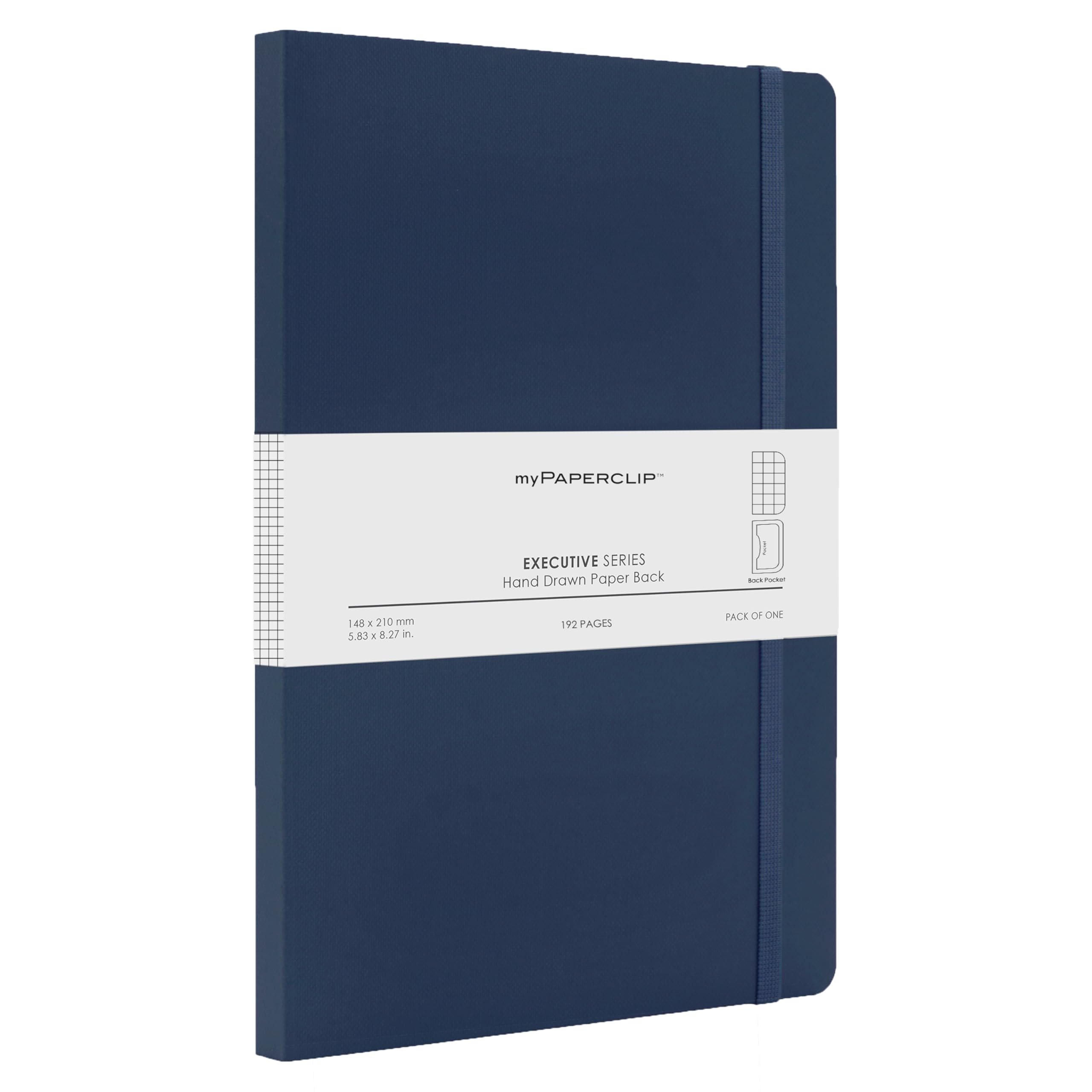 myPAPERCLIP Executive Series Notizbuch, A5, kariert, kariert, 192 Seiten, 80 g/m², weicher Einband, A5 (12,7 x 21 cm), flach, Lesezeichen, Gummibandverschluss und Rücktasche, Blau
