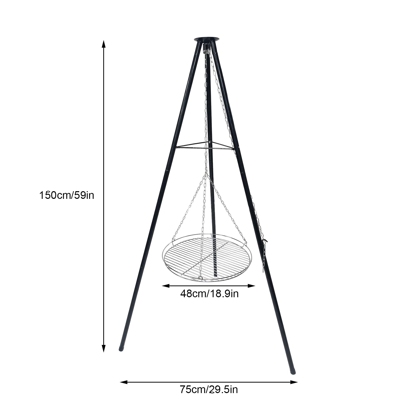 Grille de barbecue avec grille, espacement des barres, tourbillons de corde, trépied télescopique, support de barbecue, cuisson en plein air, kit de trépied pliable, feu de camp, grande surface de
