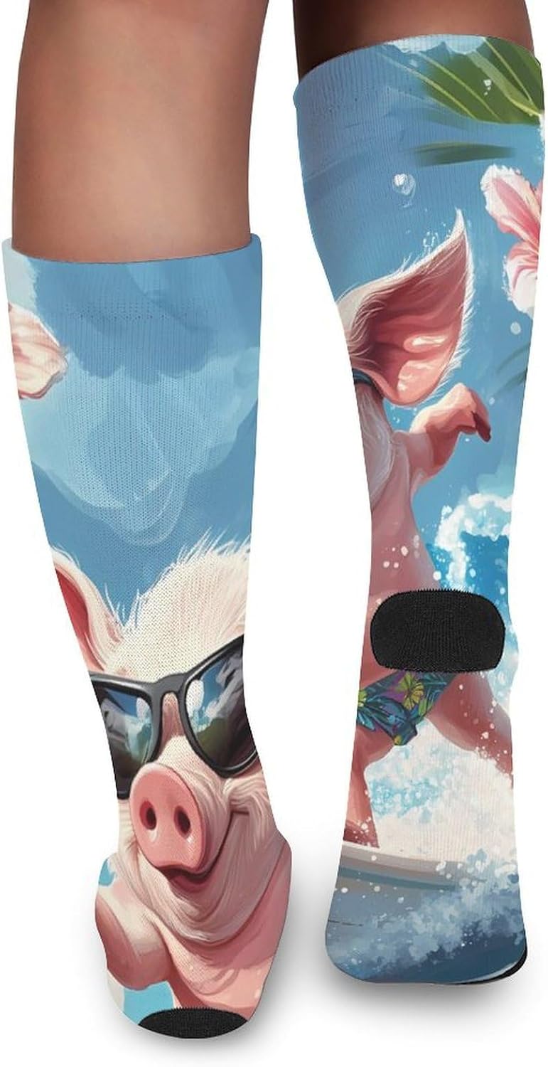 Pigs Surfing Knee High Socks Athletic Long Stockings Sport Casual Crew Tube Sock Boot 46cm