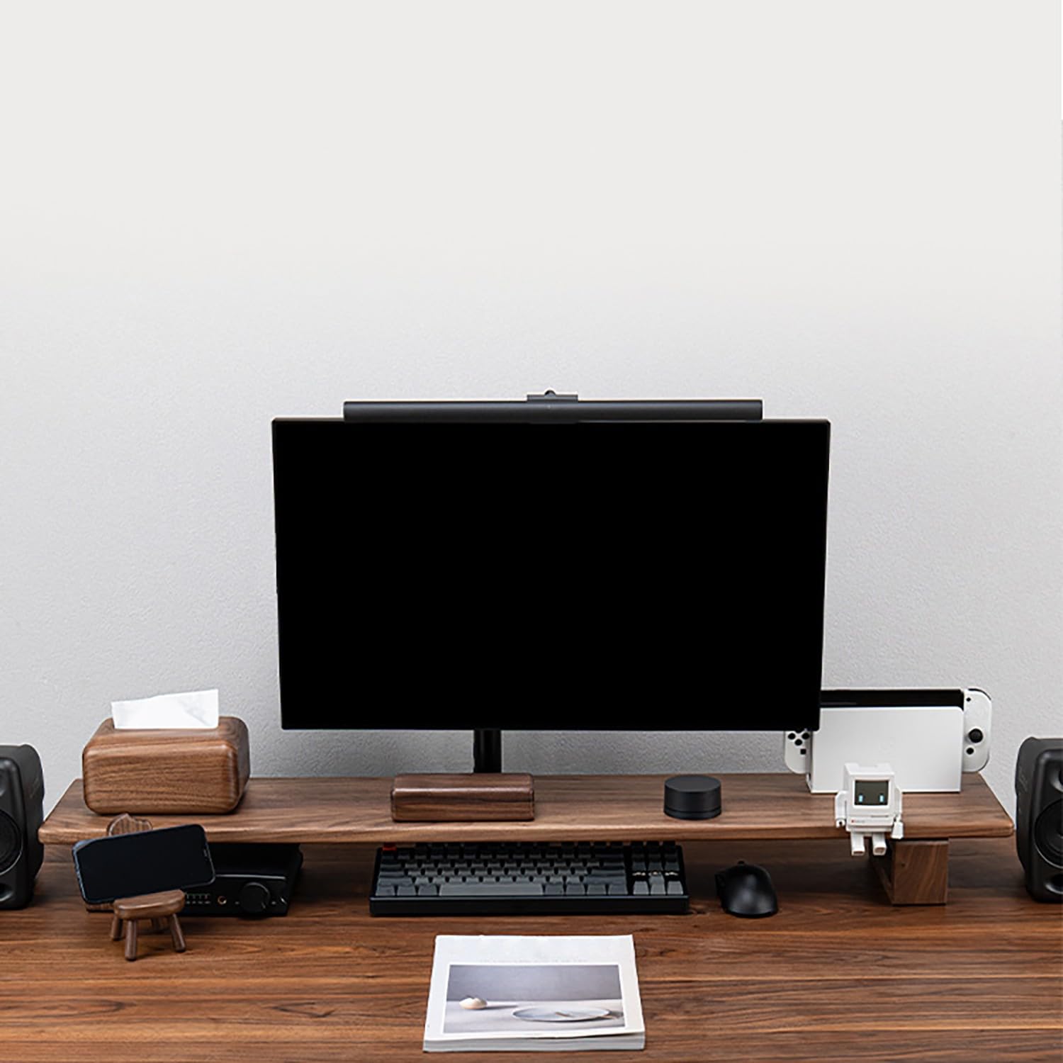 Supporto da scrivania in legno per computer portatile/PC, ripiano per ufficio nizer per spazio di lavoro, altezza regolabile dello schermo (120 x 15 cm), migliora l'ergonomia e risparmia spazio