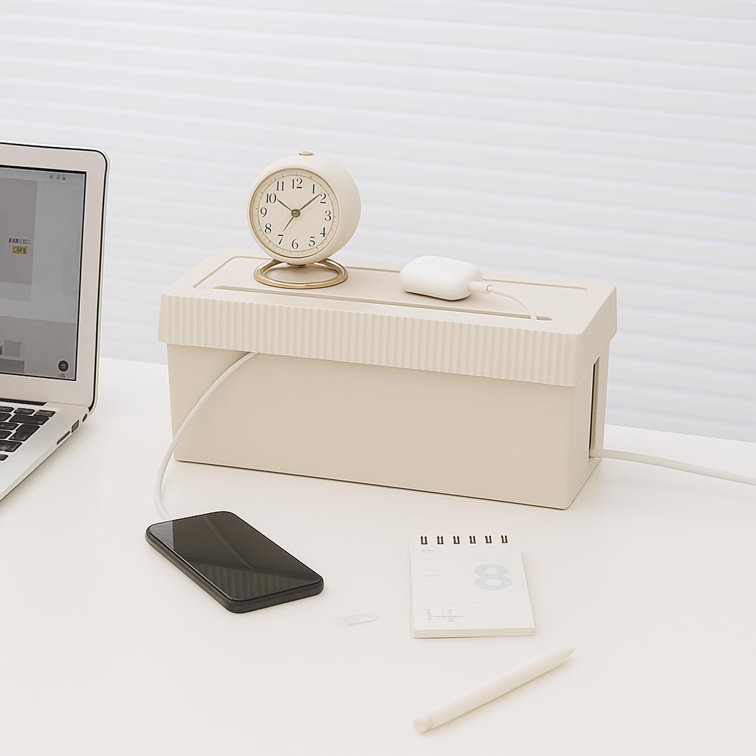 Soko Cable Management Box with Mobile Stand | Cords Hider & Surge Protector | Concealer for Power Strips, Router, Gadget Wires Storage Organizer Tray for Desk, Table – Home, Office – Off-White