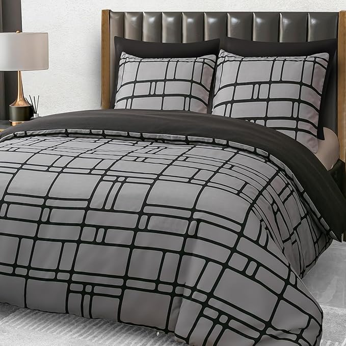 Pamposh Set di biancheria da letto in microfibra di alta qualità con chiusura lampo, per persone allergiche, colore nero e grigio, (1 x 220 x 200 cm) e 2 federe da 80 x 80 cm