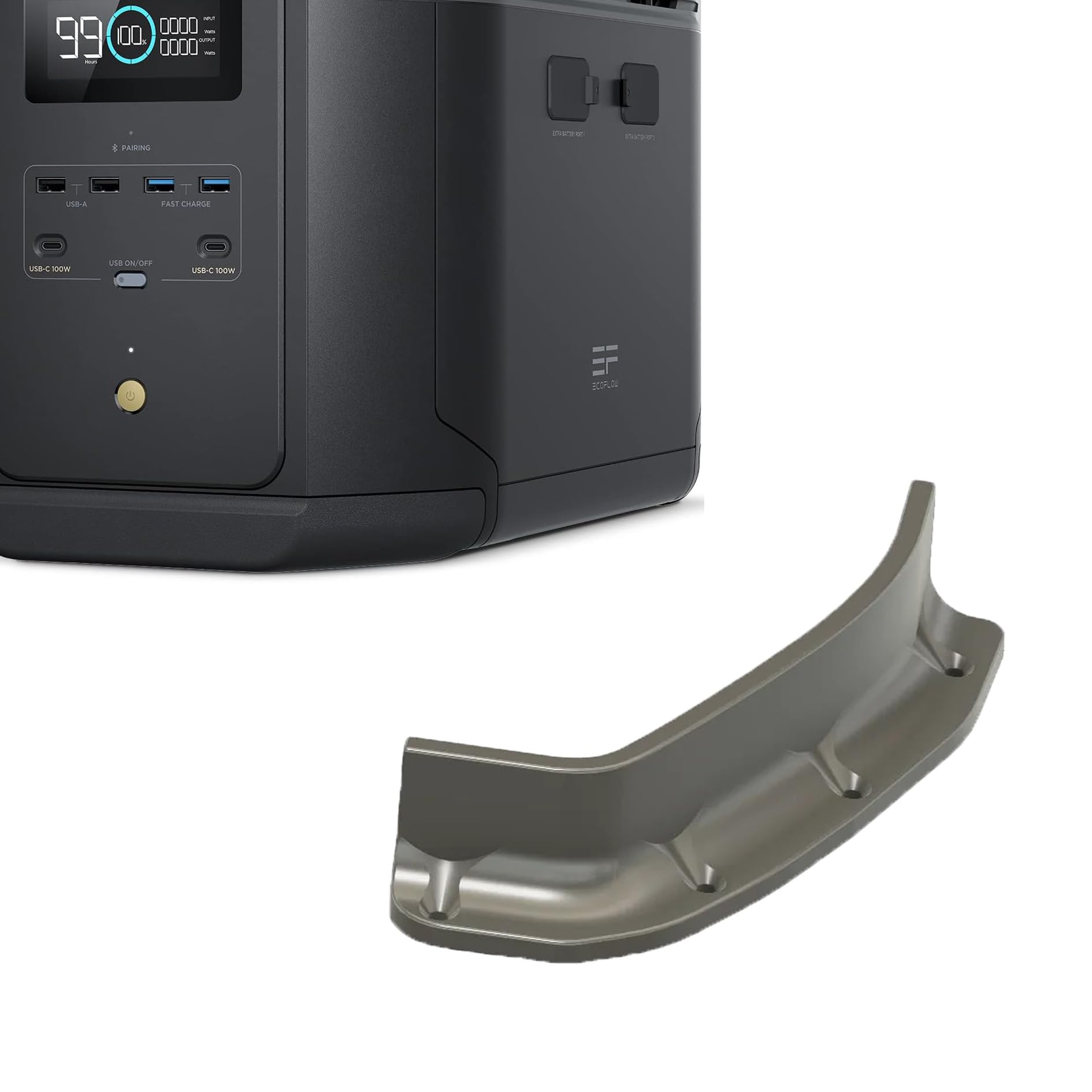 Ecoflow Delta 2 MAX power station securely mounted in a vehicle, held by a bracket and an orange strap.