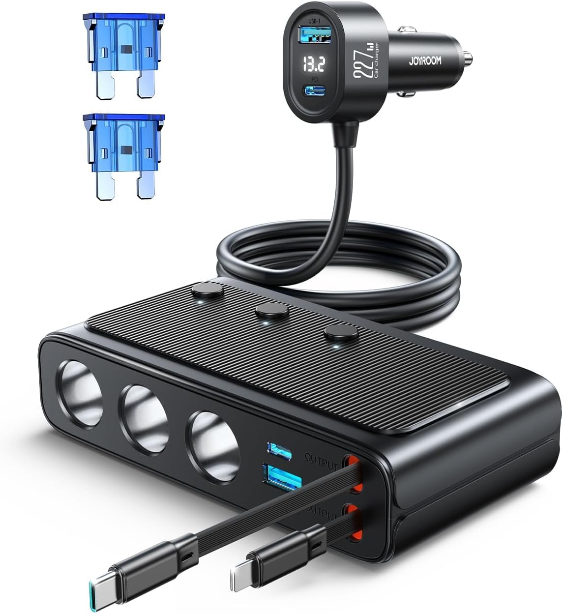 Amazon | JOYROOM 227W 9 in 1 シガーソケット 増設 3連 【巻取り式USB