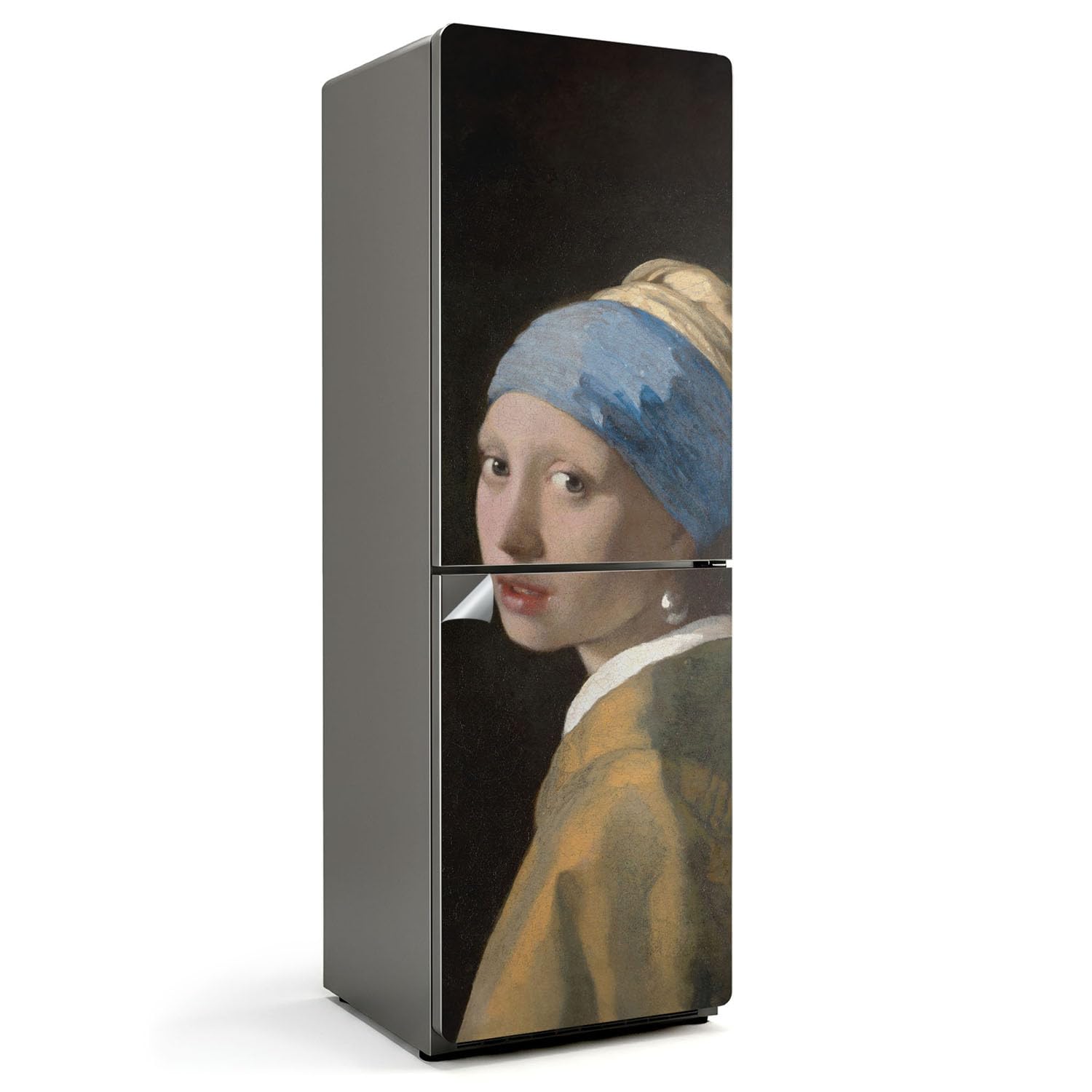 Décalcomanie couvrant entièrement le frigo avec portrait fille à la perle