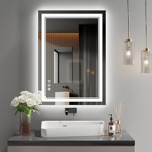 ISTRIPMF Espejo LED de 20 x 28 pulgadas con parte delantera y retroiluminada, espejo de tocador con luz LED regulable para pared de baño, espejo