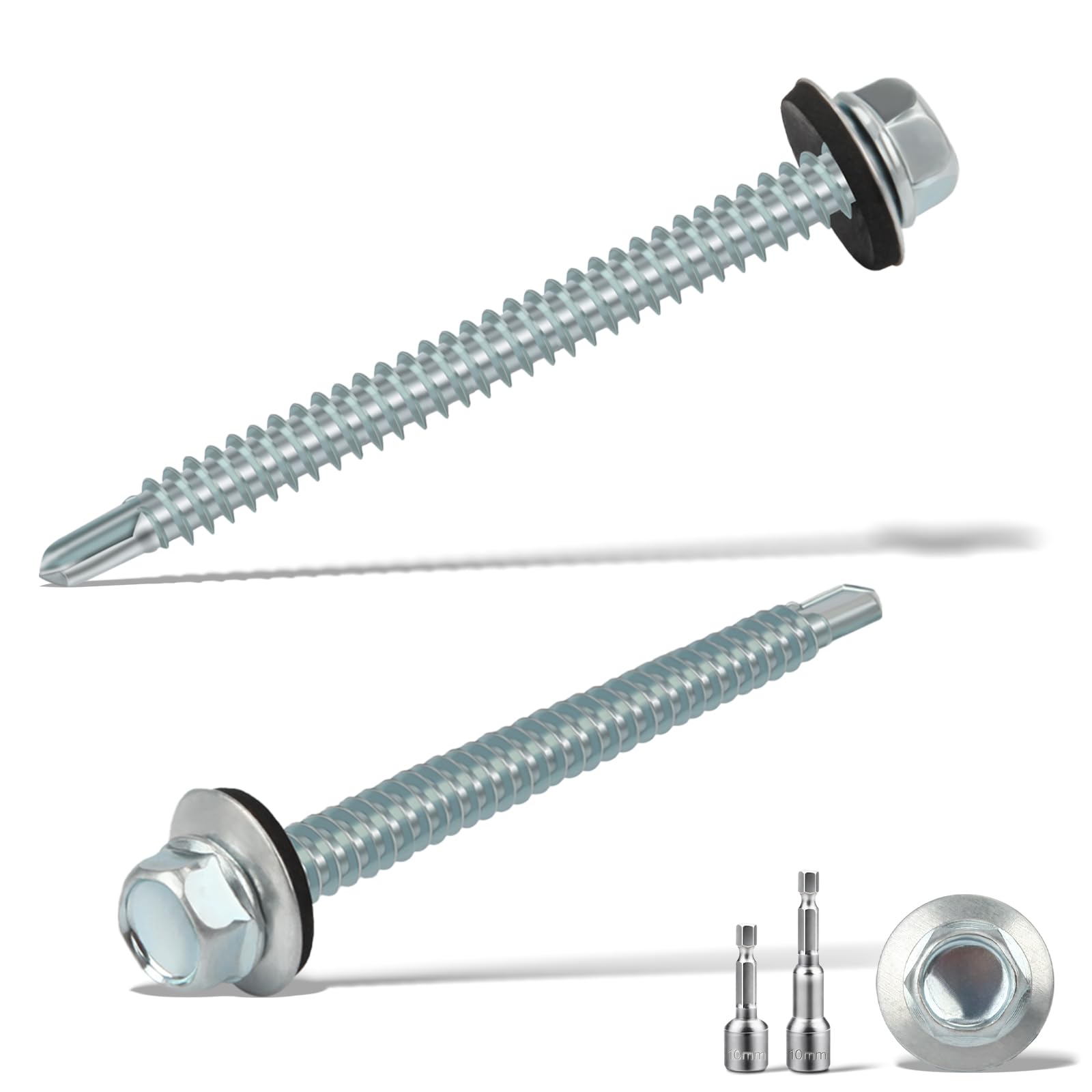 sturiz 50PCS 6.3x75 mm Self Drilling Screws for Metal Roofing Screws with Rubber Washers Hex Head Self Tapping Screws und 2 M10 Hex Socket Tech Screws Zinc Corrugated Roof Fixings for Tin Roof โ image 1