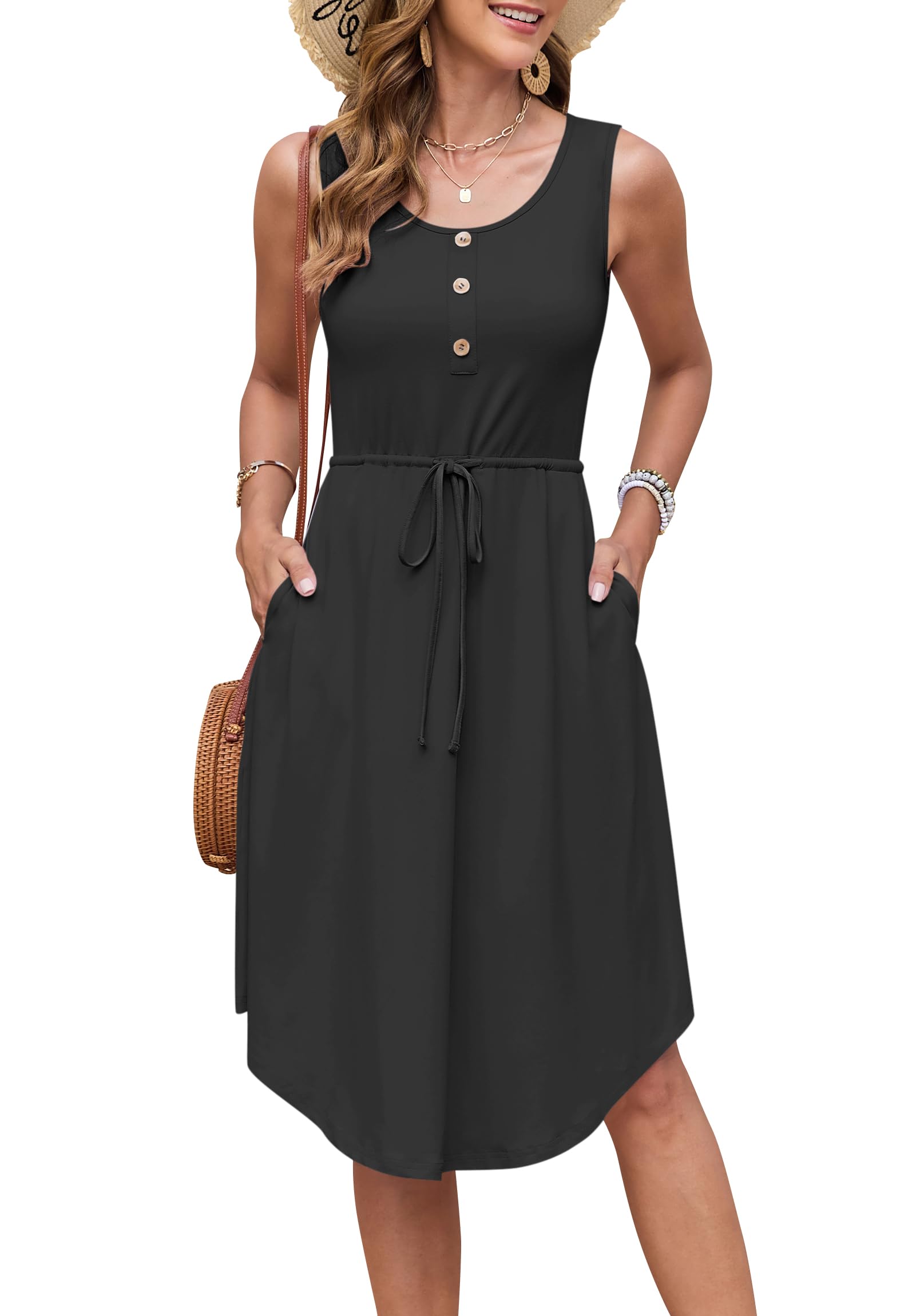 AUSELILY Summer Dresses Women's Lightweight Sleeveless Drawstring High Waist Beach Dresses Knee-Length Button-Down Midi Dress Tunic Dress Elegant Casual Dress with Pockets