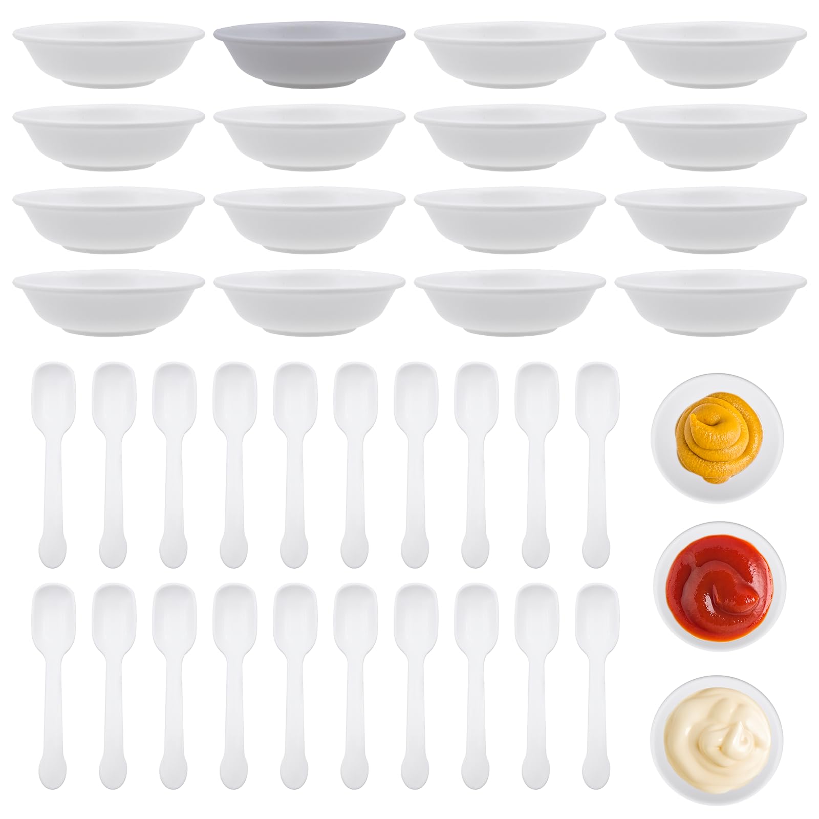 OMJMYY Bols à Sauces 16 Pièces Ronds Plats Sauce Soja 7.2x1.9 cm avec 20 Boules de Glace pour Ketchup Confiture Sauce Fruits et Dessert Blanc