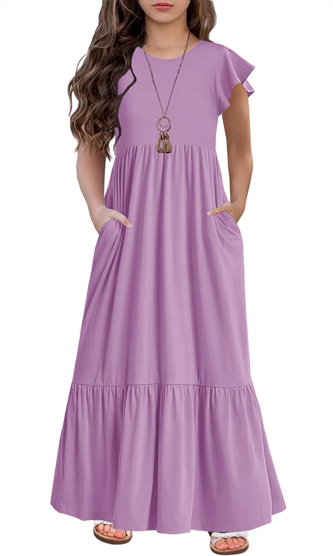 HOSIKA Girls Summer Ruffle Short Sleeve Crew Neck Loose Casual Flowy Tiered Maxi Dress with Pockets for 6-12 Y