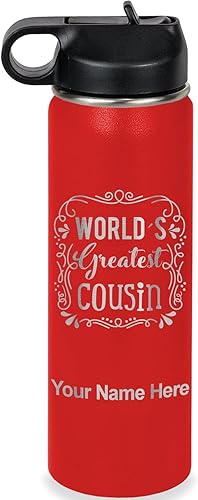 LaserGram Botella de agua de doble pared con tapa abatible de 20 onzas con pajilla, el primo más grande del mundo, grabado personalizado incluido