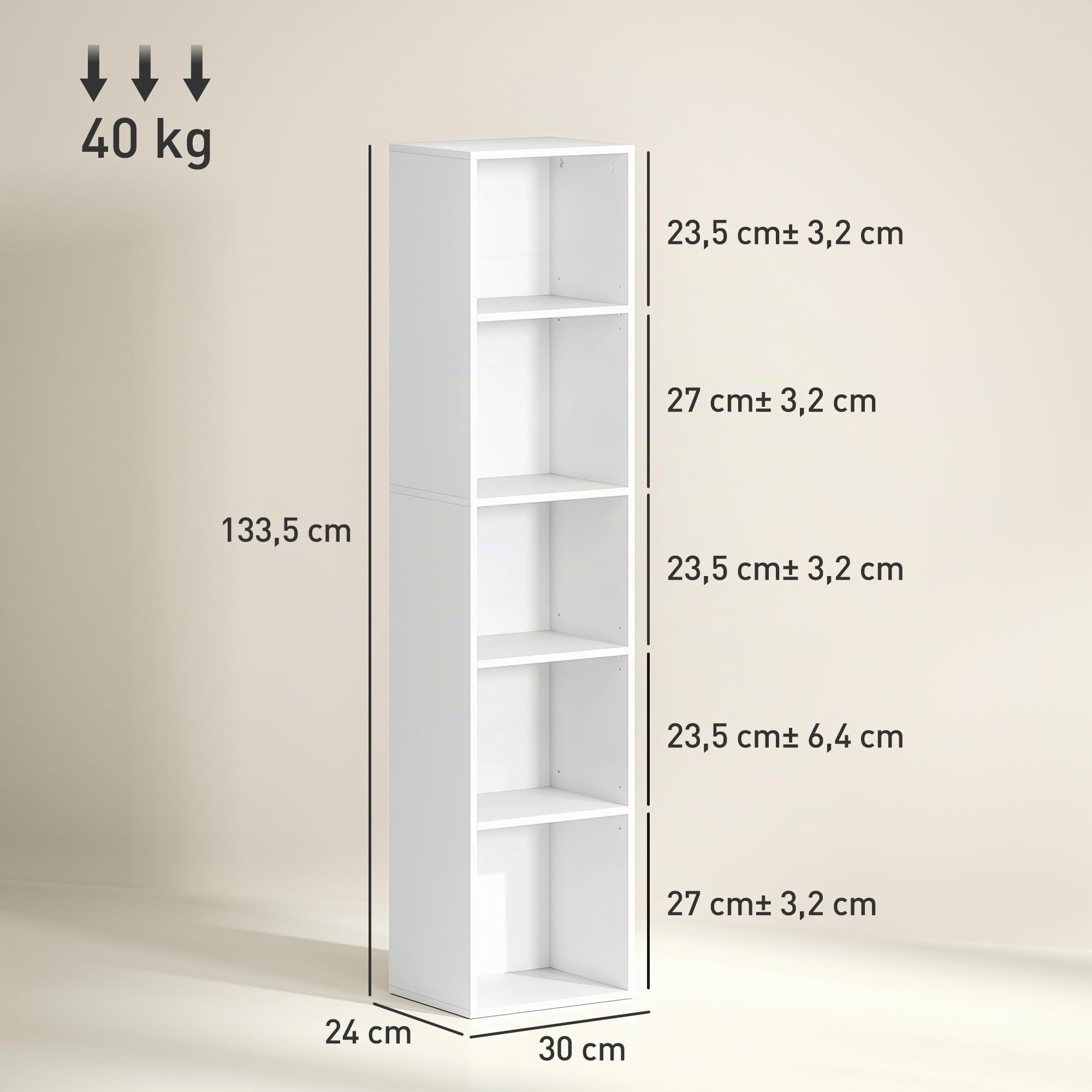 HOMCOM Libreria, scaffale portaoggetti a 5 livelli, mobile portaoggetti con ripiani regolabili per soggiorno, camera da letto, ufficio, 30 x 24 x 133,5 cm, bianco