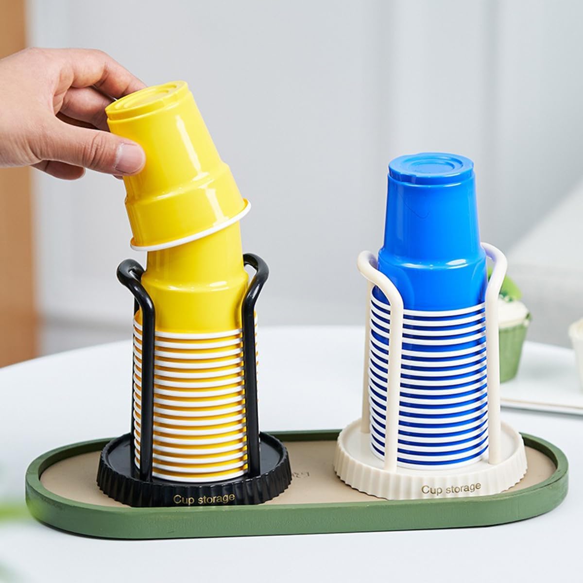 2-Pack Bathroom Cup Dispenser Plastic Fit 3-7 oz Cup Holder Paper Cup Storage Mouthwash Cups Holder for Rinsing Cups On Bathroom Vanity (Black+Cream Color)