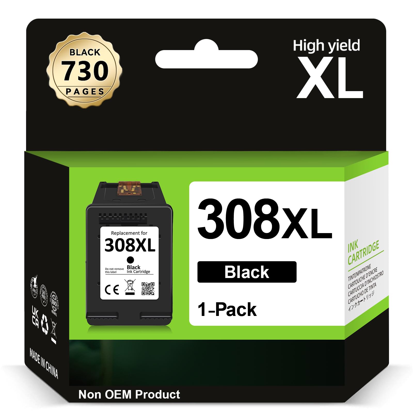 ECOINKO Cartucho 308XL Negro - 730+ Páginas, Reemplazo para Tinta HP 308 Negro, Tinta Impresora 308 XL para HP Envy 6100e 6120e 6122e 6132e 6152e 6520e 6530e 6532e Deskjet 2910 2920 2921 2922
