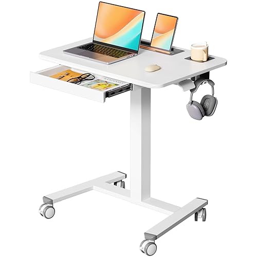 JYLH JOYSEEKER Mobile Standing Desk with Drawer, 28" Rolling Desk with Cup Holder and Hooks, Portable Laptop Cart on Wheels, Height Adjustable Workstation with Storage for Home Office, White - White - 28"