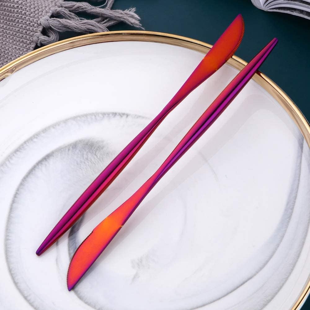 MINGYU 8-Piece Modern Heavy Steak Knives Set - 8.7-in Orange Red Round Handle Stainless Steel Dinner Knives Titanium Knife Table Silverware Sets for Daily Use/Wedding/Party/Restaurant