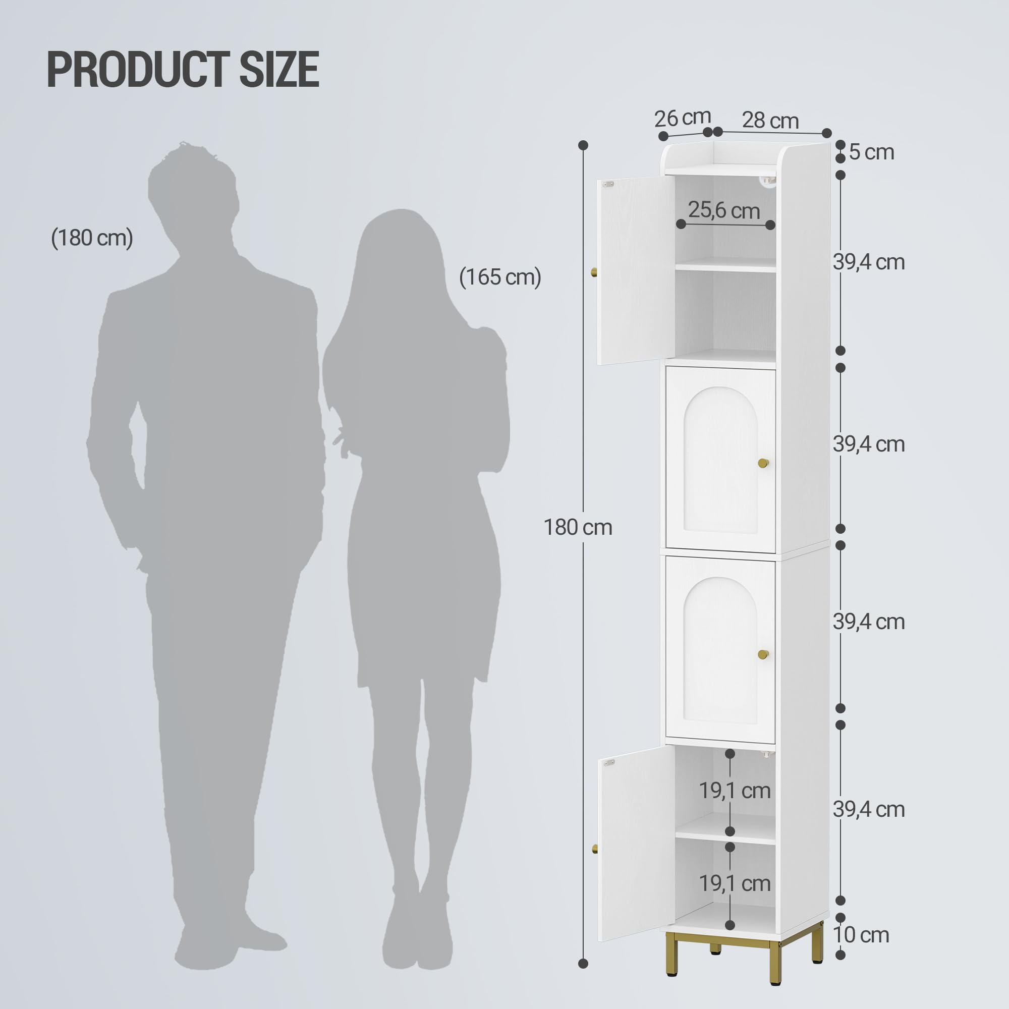 Hzuaneri Mobile da Bagno Alto, Armadio a Colonna da Bagno Salvaspazio, 4 Ripiani Regolabili e 4 ante, con piedini regolabili, per Bagnos, Soggiorno, camera da letto, 26 x 28 x 180 cm, Bianco BC43313G