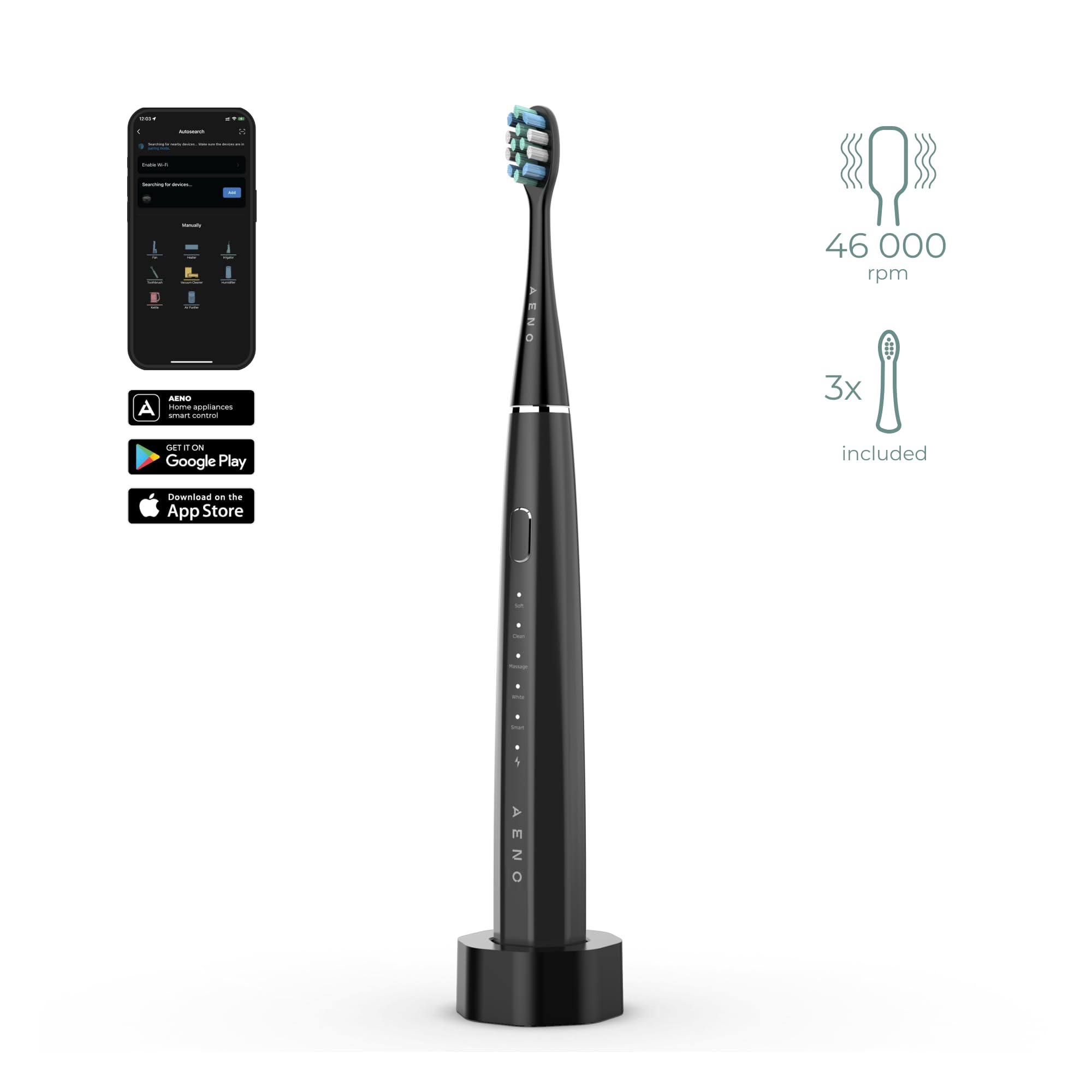 AENO Spazzolino da denti sonici DB2S Smart 4+8 modalit/3 testina di ricambio, nero