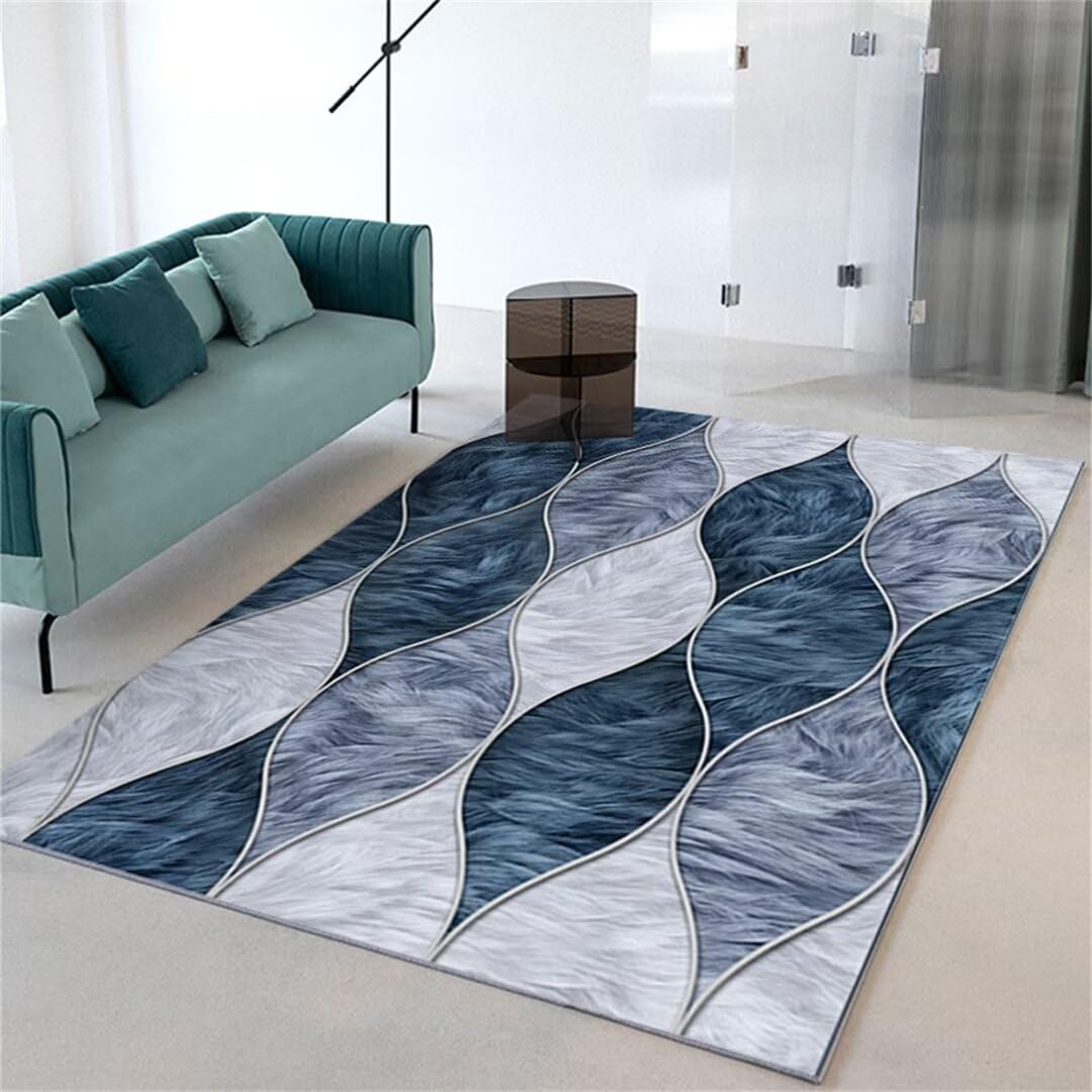 Tapis couloir bleu 80x120cm abstrait et lavable pour chambre ado