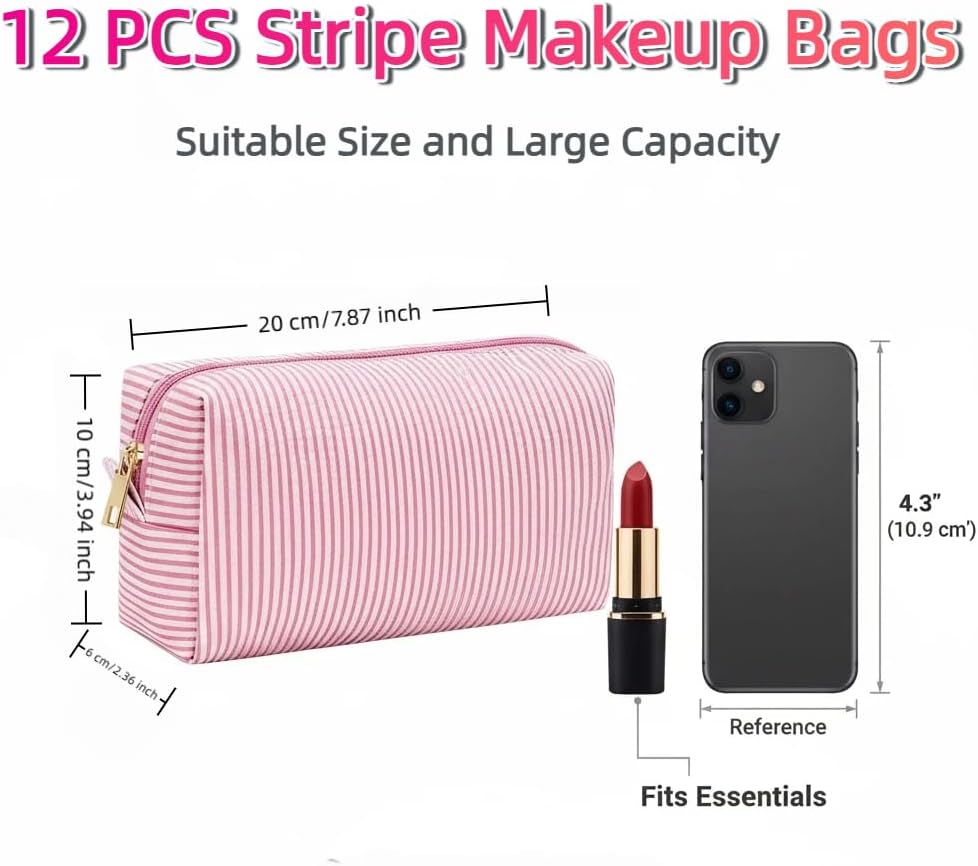12 PACK Makeup Bags-Bulk Seersucker Cosmetic Bag for Women Bridesmaid Gifts Makeup Pouch for Wedding Party Favors Bachelorette Party Decorations Travel Toiletry Organizer Mon Teacher Gift(12, Pink)
