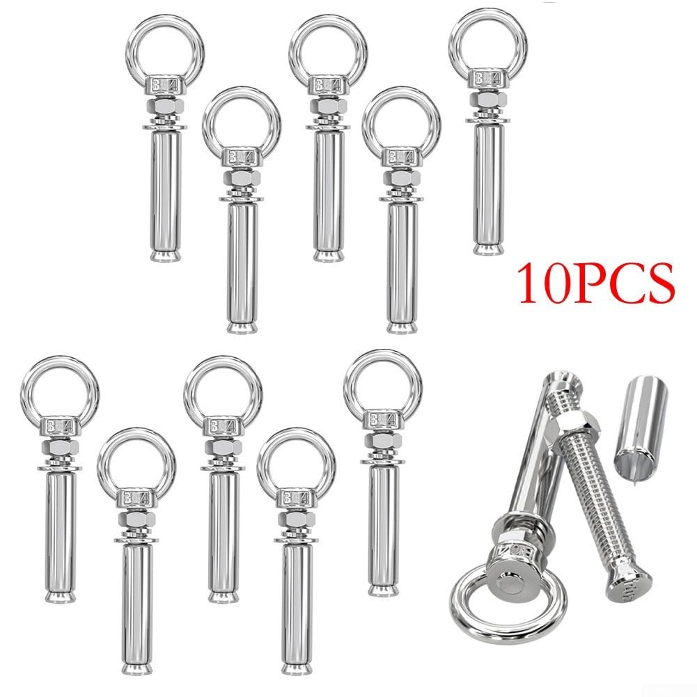 10 pernos de expansión de acero inoxidable 304 con anillos, anclajes de pared, tornillos de ojo para hormigón, mampostería, ladrillo, kit de suspensión resistente, plateado, 50 mm a 150 mm de longitud