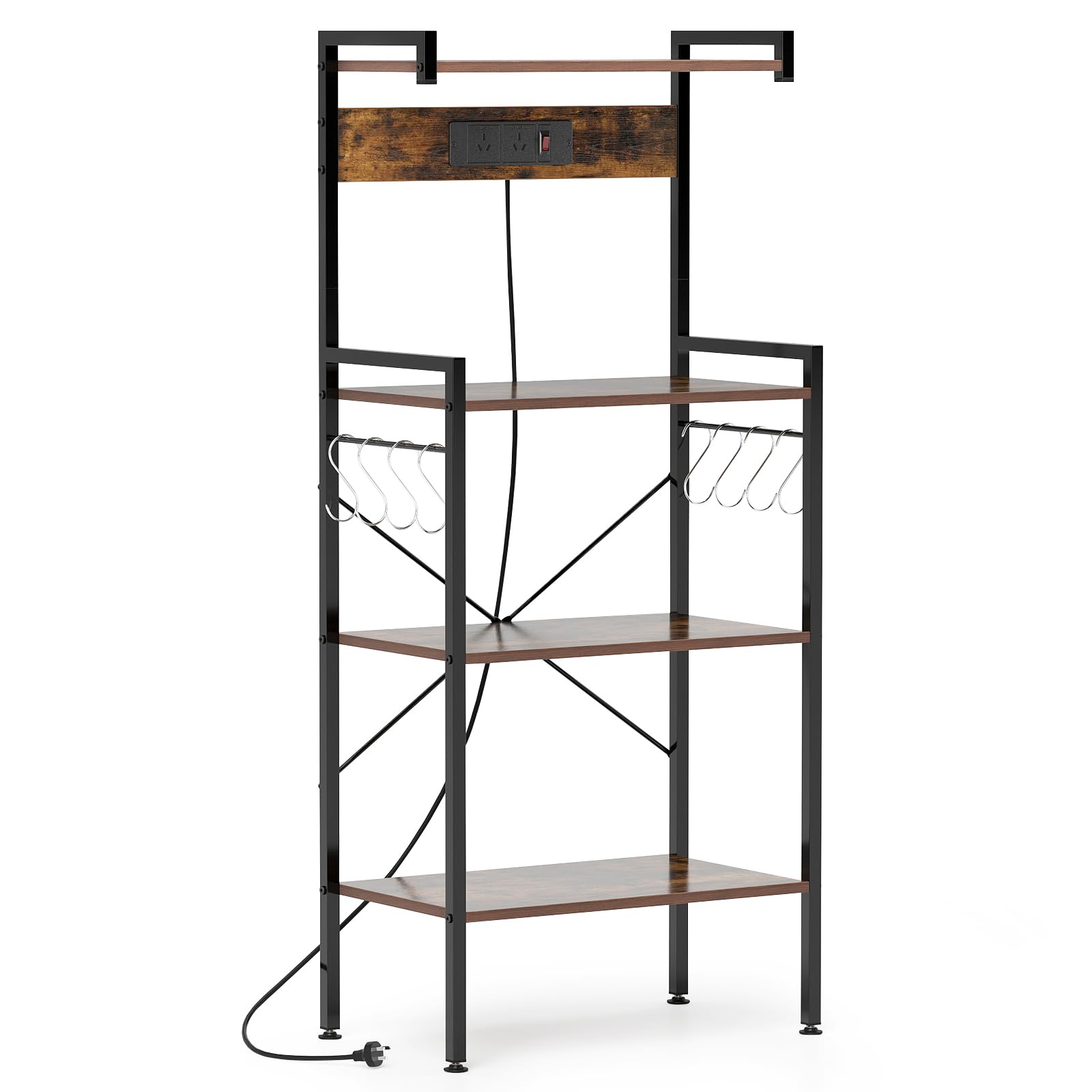 KOMFOTTEU 4-poziomowy regał kuchenny z gniazdem drewnianym i metalowym 59 x 34 x 136 cm, stojak do kuchenki mikrofalowej, wolnostojący wielofunkcyjny regał do kuchni jadalni