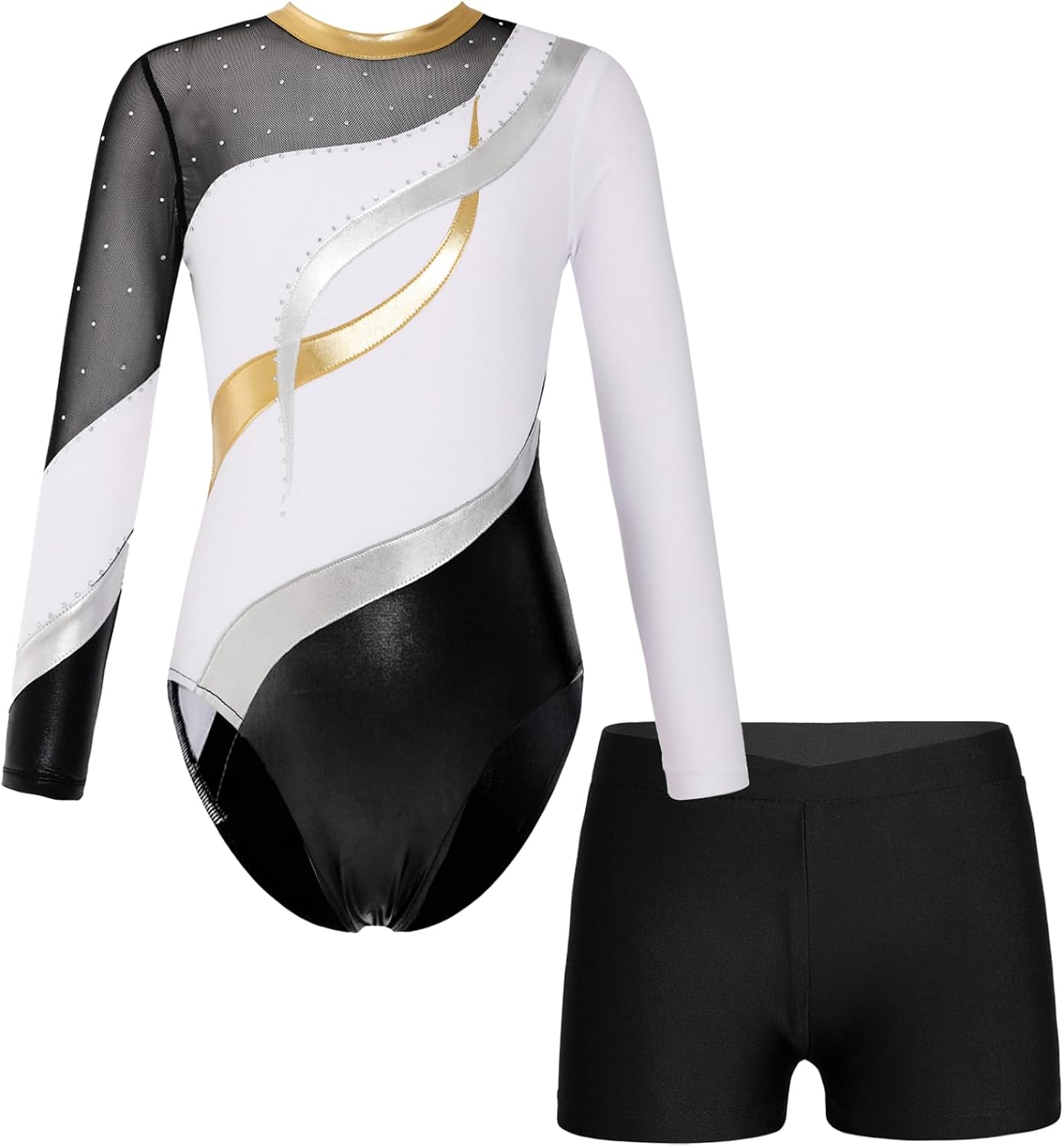 Gymnastics Leotards for Girls with Shorts Long Sleeve Sparkly Ballet Dance Leotard Workout Tracksuit Dancewear
