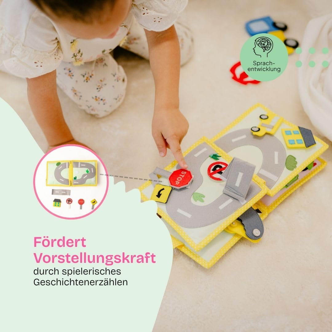 Jolly Designs Mini Quiet Book Mein erster Bagger – Montessori Spielzeug ab 18 Monaten – Busy Book & Stoffbuch aus Filz – Lernspielzeug zu Fahrzeugen & Verkehrsregeln – Motorikbuch für Kleinkinder