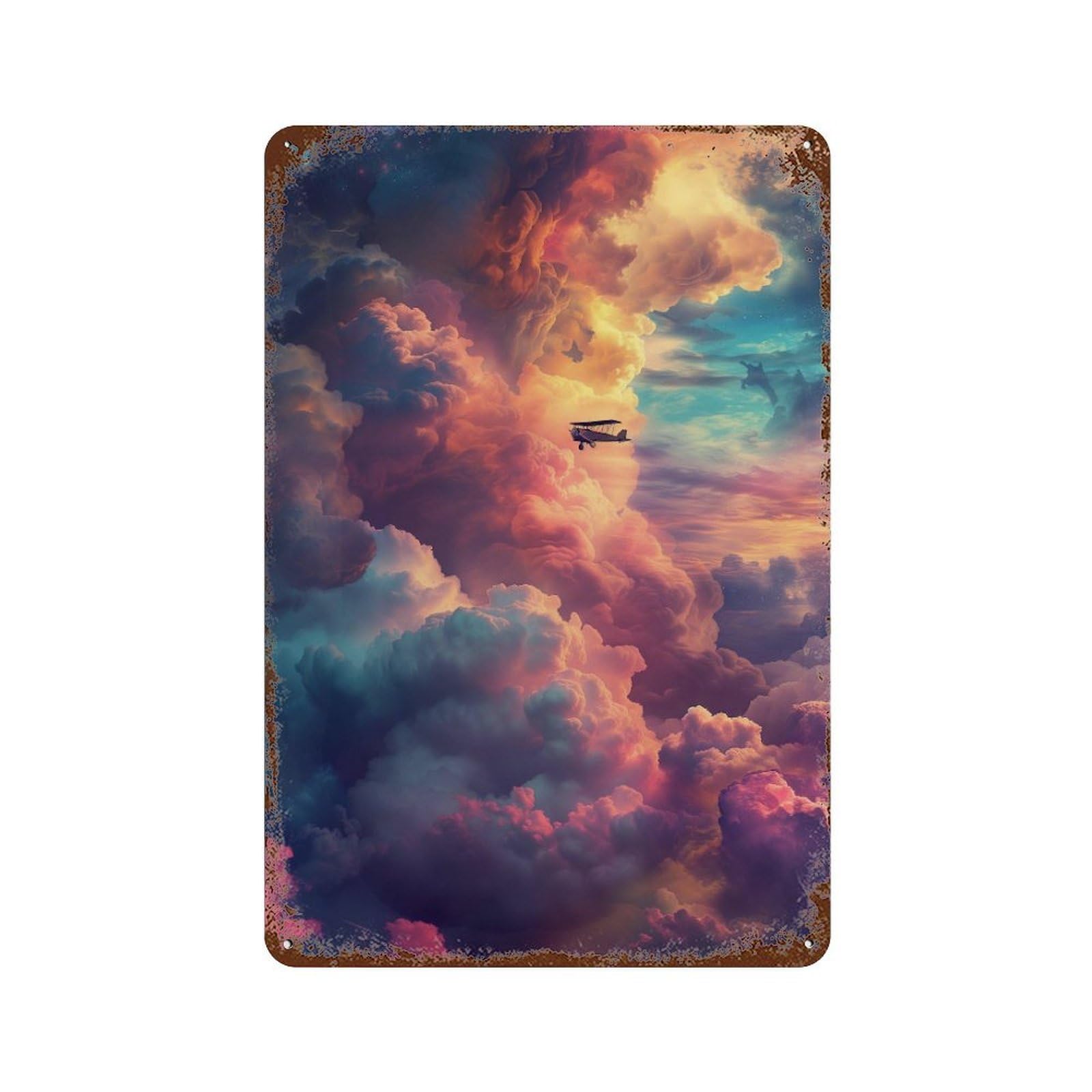 Sky Adventure Clouds & Plane Rust Effect Tin Sign 11.8"x7.9", Retro Wall Decor for Pub, Kitchen And Man Cave Decor