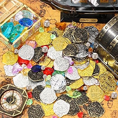 Hanaive 319 Pcs Pirate Treasure Gold Fake Coins St. Patrick's Day Plastic Gems and Jewels Playset Party Decor Treasure for Pirates Themed Adventures Summer Pool Party Coins(Irregular)