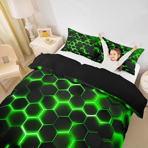 Miniatura 3 de Erosebridal Funda de edredón geométrica tamaño Queen, juego de ropa de cama de panal de abeja verde y negro neón con luz de neón, funda de edredón