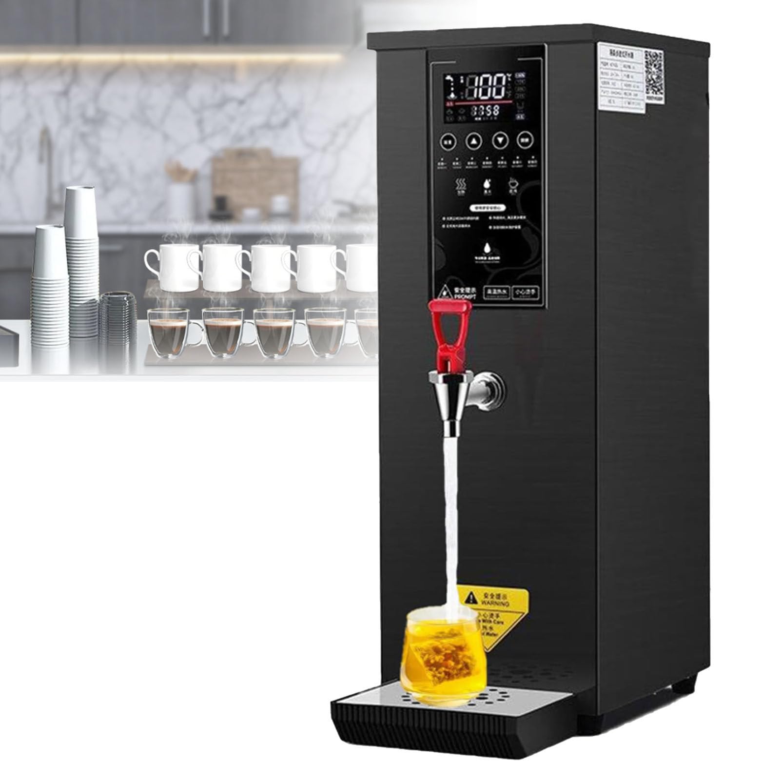 Distributeur d'eau chaude commercial, chauffe-eau électrique, machine à eau chaude, chauffage par étapes en acier inoxydable, contrôle de la température 104-212 °F pour Boba Tea Coffee,Black