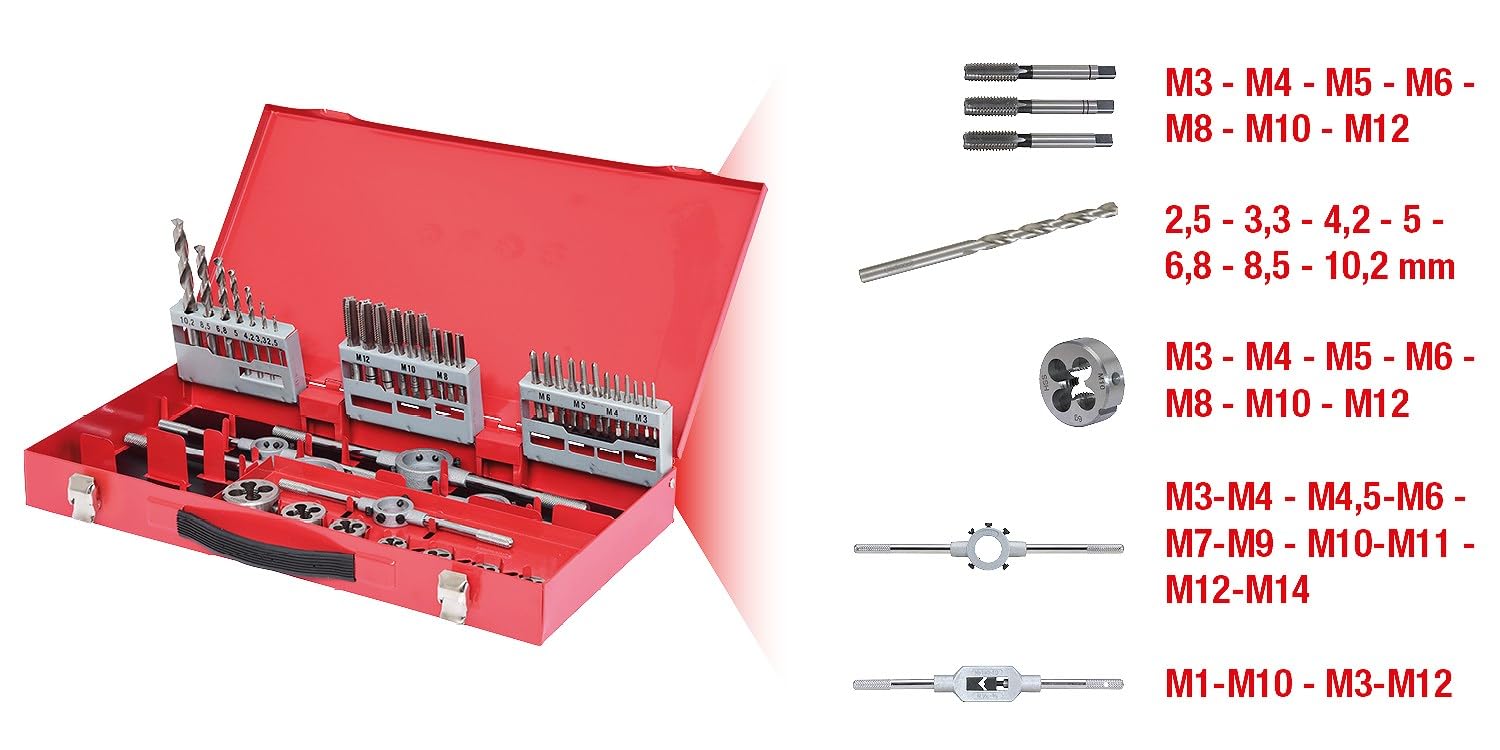 KS Tools 331.0644 Serie di Utensili per Filettare in HSS in Cassetta per Uso Industriale, 44 Pezzi