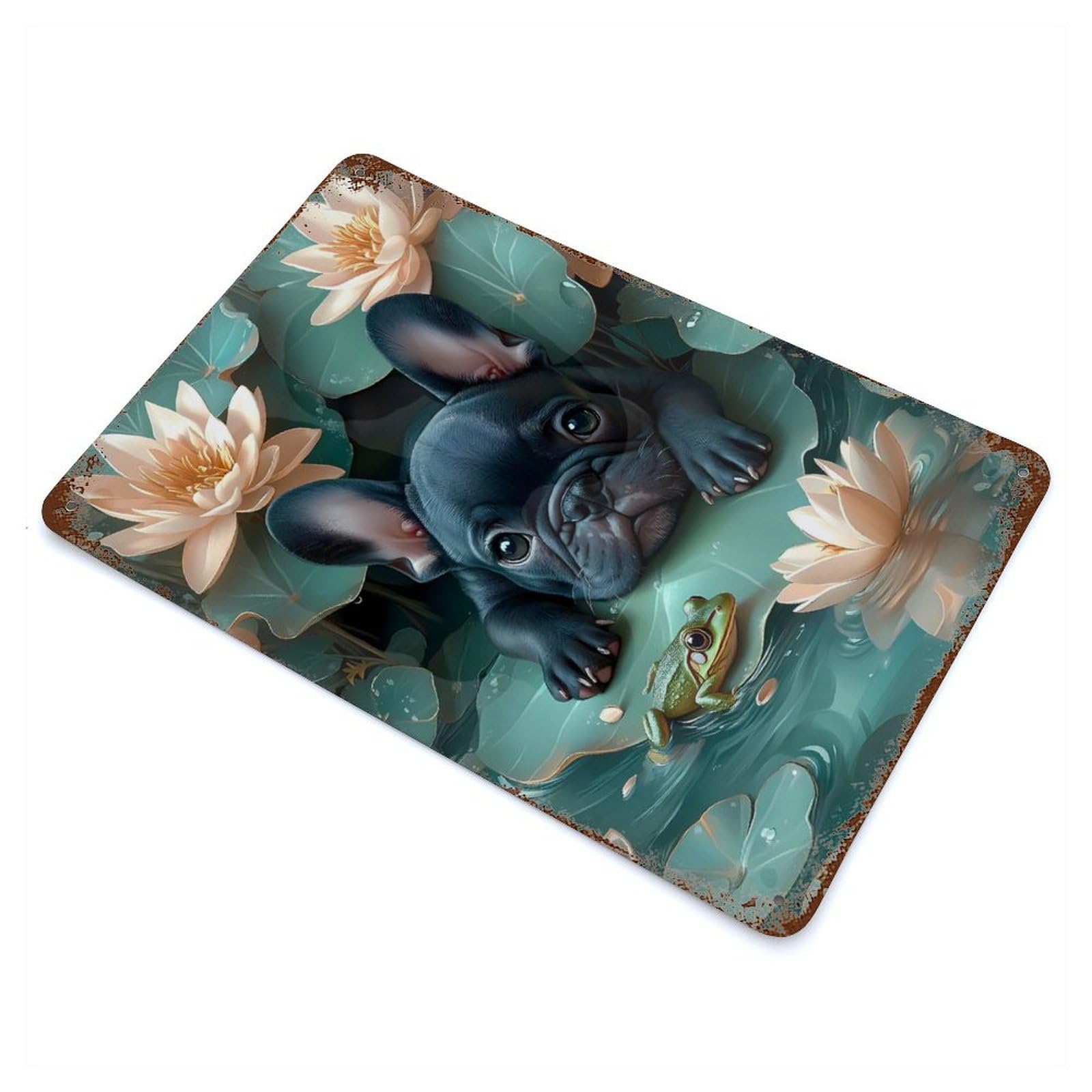 Garage Style French Bulldog in Water Lilies Animal Distressed Metal Wall Sign 11.8"x7.9", Novelty Wall Decor for Bar And Workshop