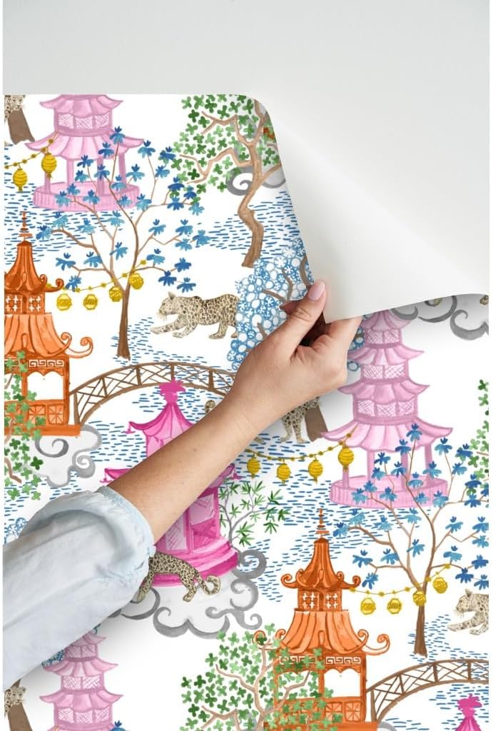 Spoonflower Peel & Stick Wallpaper 6ft x 2ft - Party Leopards Pagoda Forest Pink Rust Trees Landscape Chinoiserie Custom Removable Wallpaper