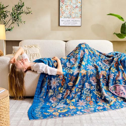Image of XIBLC Fall Throw Blanket for Couch, Blue Boho Decorative Throw Blanket, 100% Cotton Muslin Breathable Woven Farmhouse Blankets Quilt, 50 inchx60 inch Reversible Lightweight Blankets Bohemian Throw Quilt