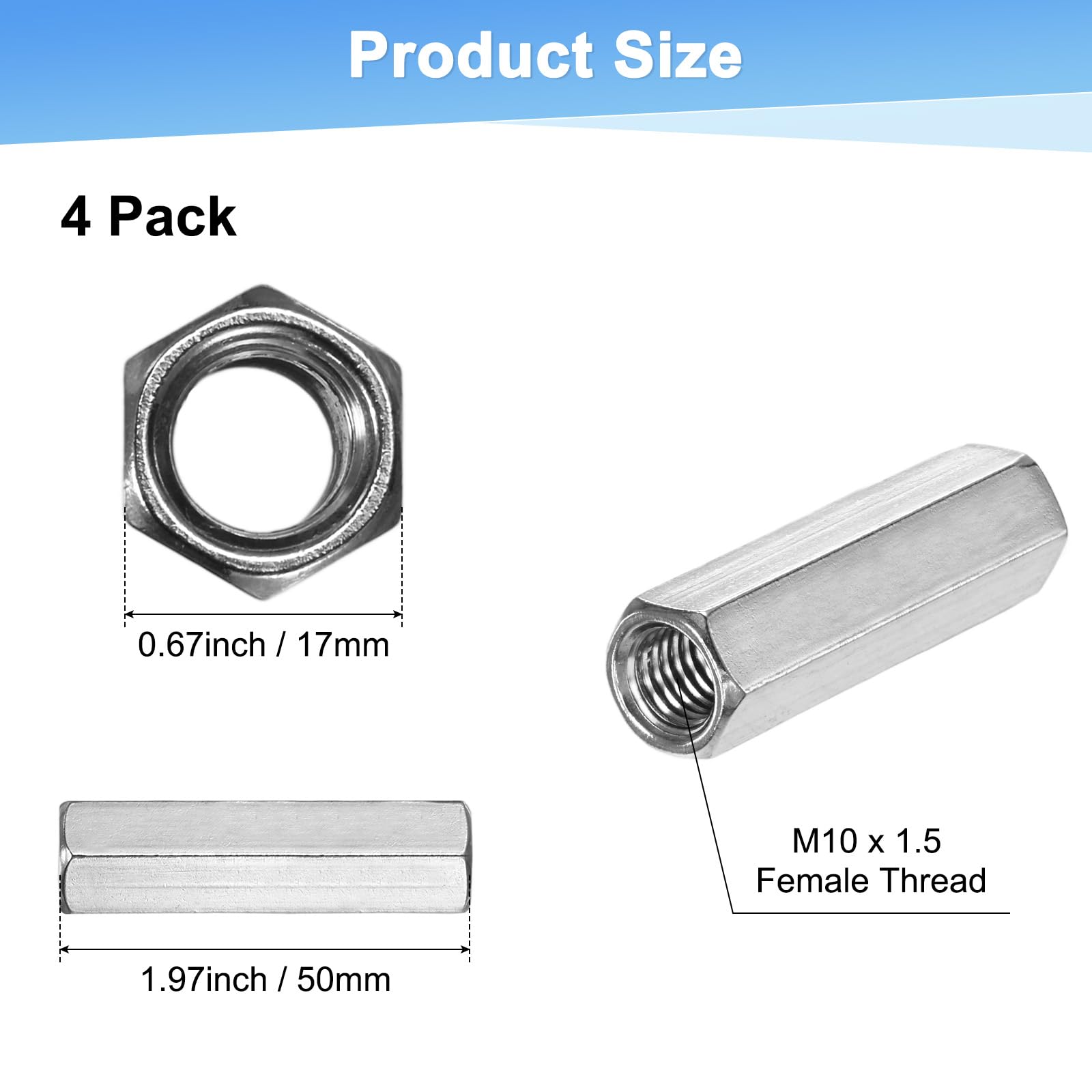 M METERXITY 4-Pack M10 x 1.5-Pitch Hex Coupling Nuts - Image 3