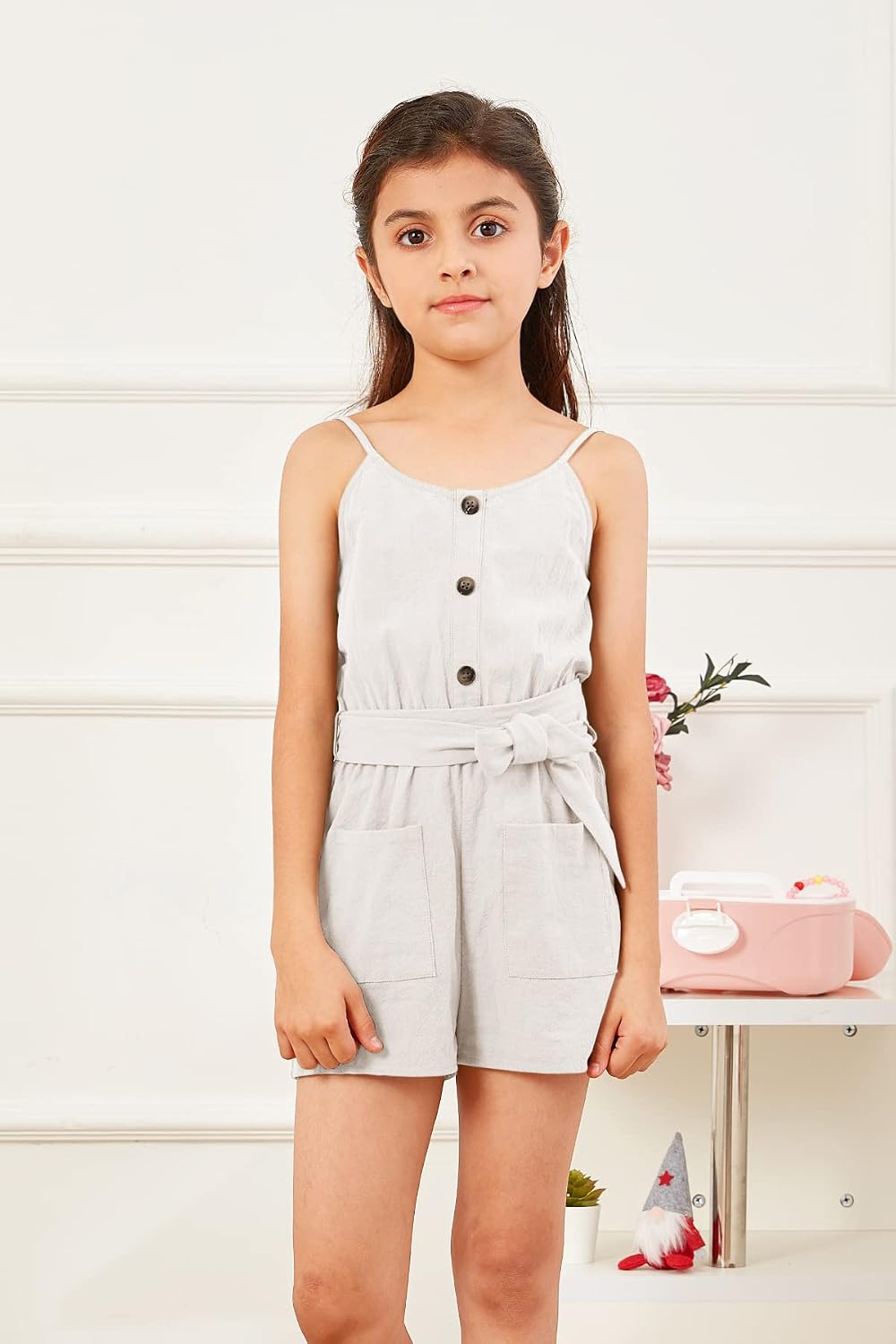 GAMISOTE Girls Romper Strappy Sleeveless Button Tie Front Jumpsuit With Pockets